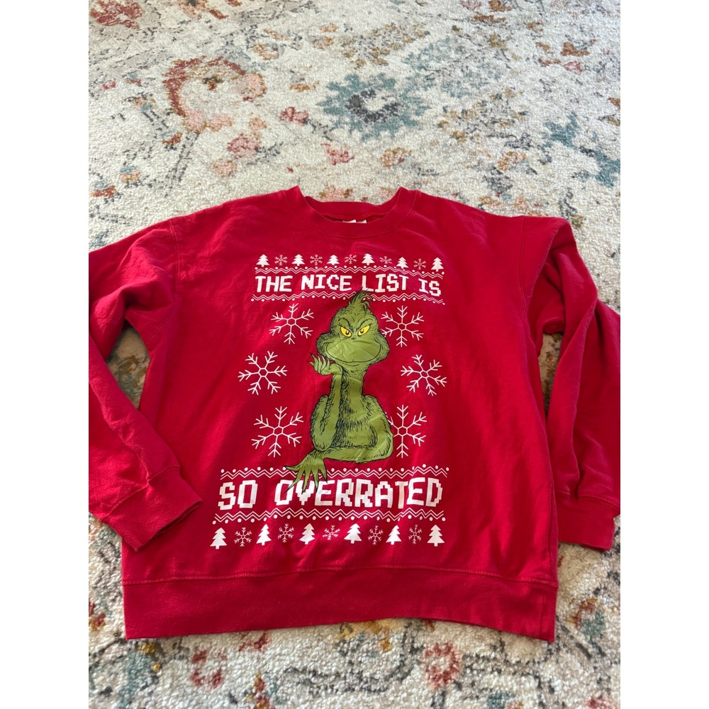 Dr Seuss The Grinch Red Christmas Sweatshirt Nice List Overrated Mens L 11-13